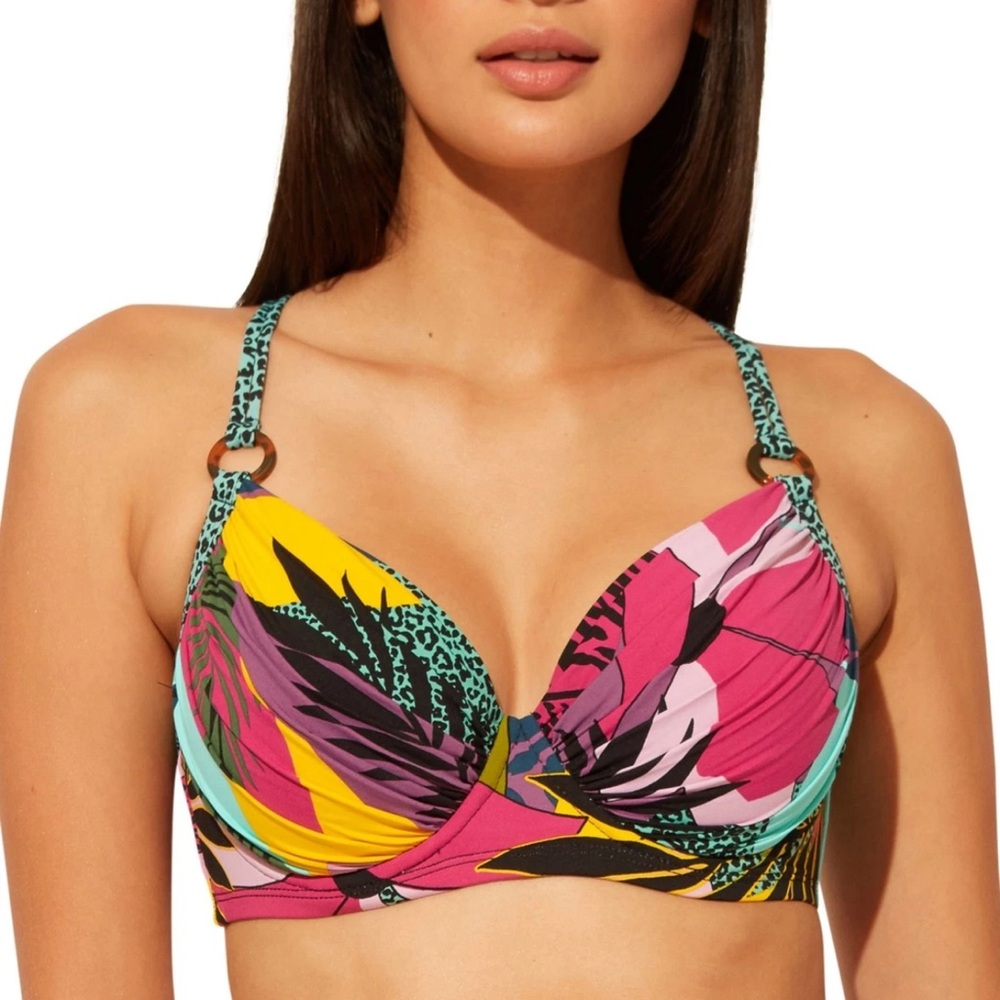 BLEU Sweetheart Bra Swimsuit Top SZ. 36D Purple Tropical Print